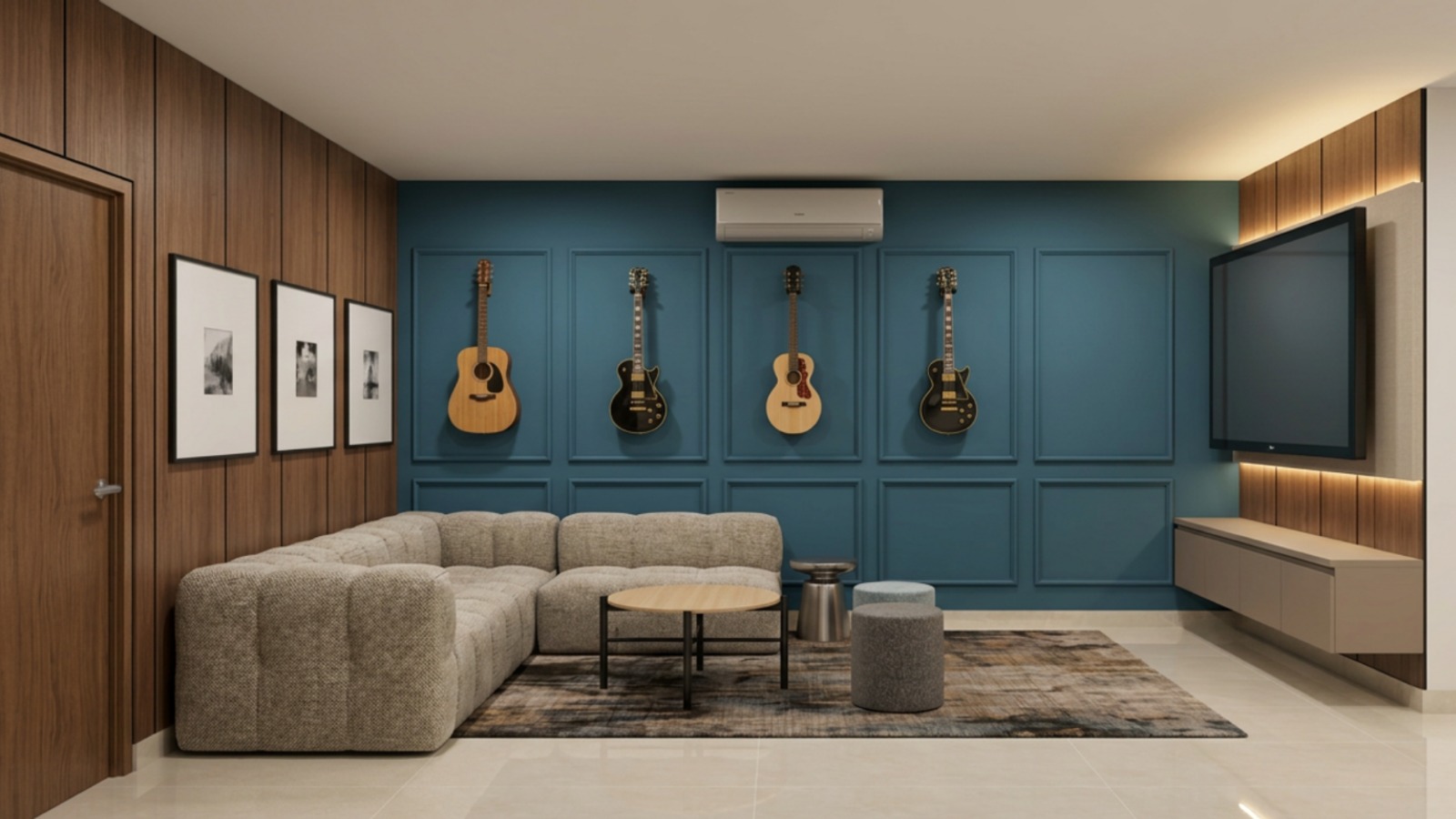 Render de propuesta de diseño de sala con muro azul y guitarras